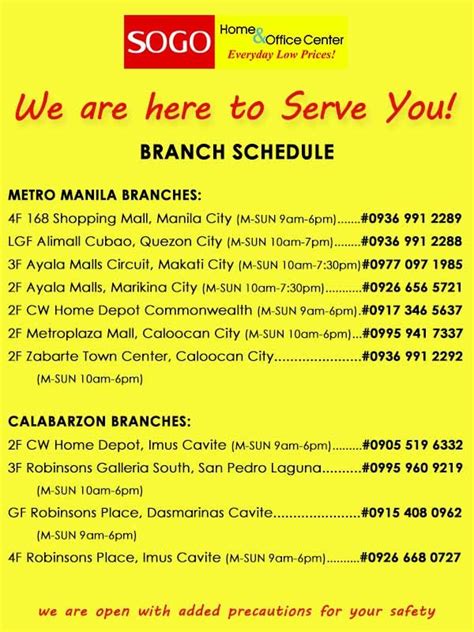 sogo branches|BRANCH SCHEDULE – SOGO Home and Office Center.